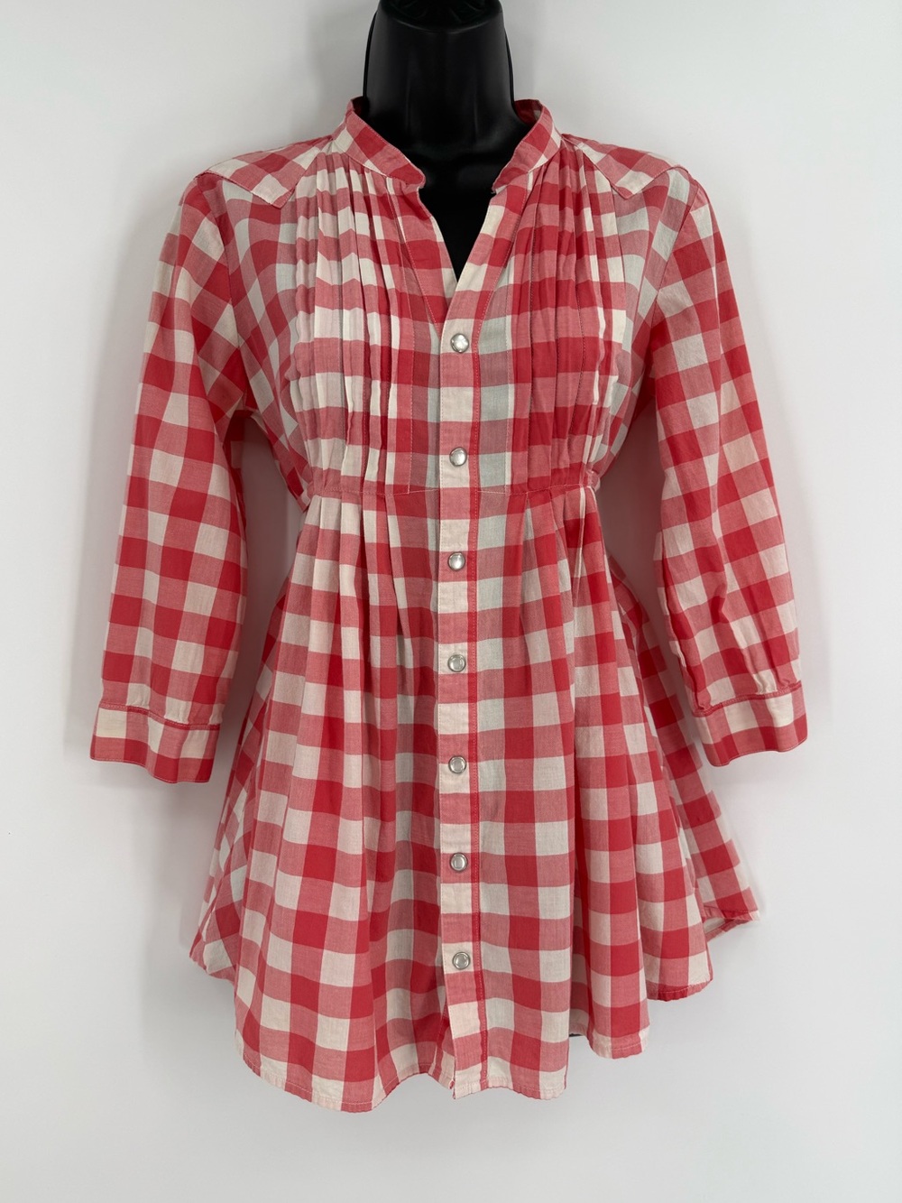 Tasha Polizzi Cotton Gingham Pintuck Western Snap Tunic Top | Red White | Small